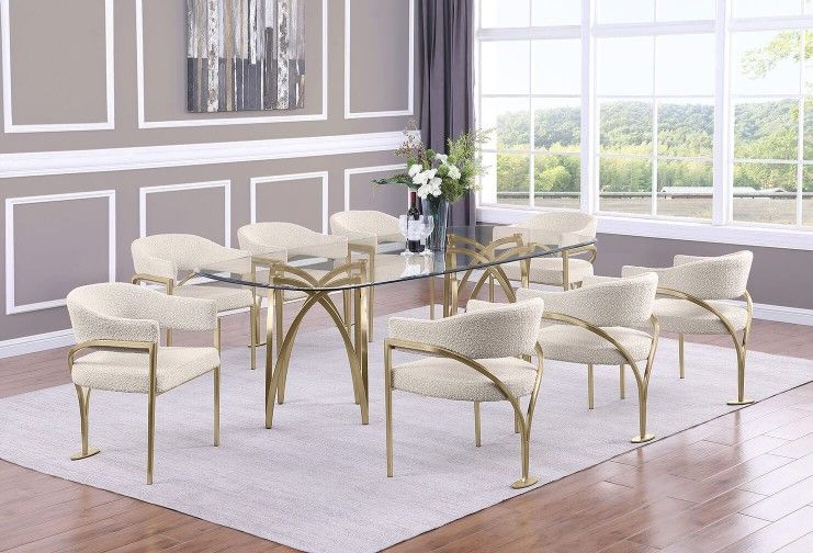 GLAM STYLE MATTE GOLD CHROME FINISH BASE 9 PIECE DINING TABLE SET BLACK CREAM OR GRAY CHAIRS