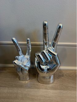 Silver Peace Sign Hand Decor Statues – Set of 2