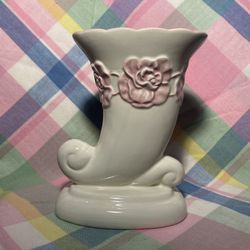 Vintage Mid Century Cornucopia w/Pink Roses Unmarked