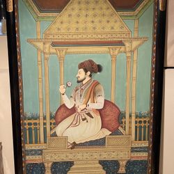 FINE PAINTING VINTAGE1970s  ART INDIAN EMPEROR ROYAL MAN ON HANDMADE SILK HEIGHT 59” - WIDTH 35” $1,150