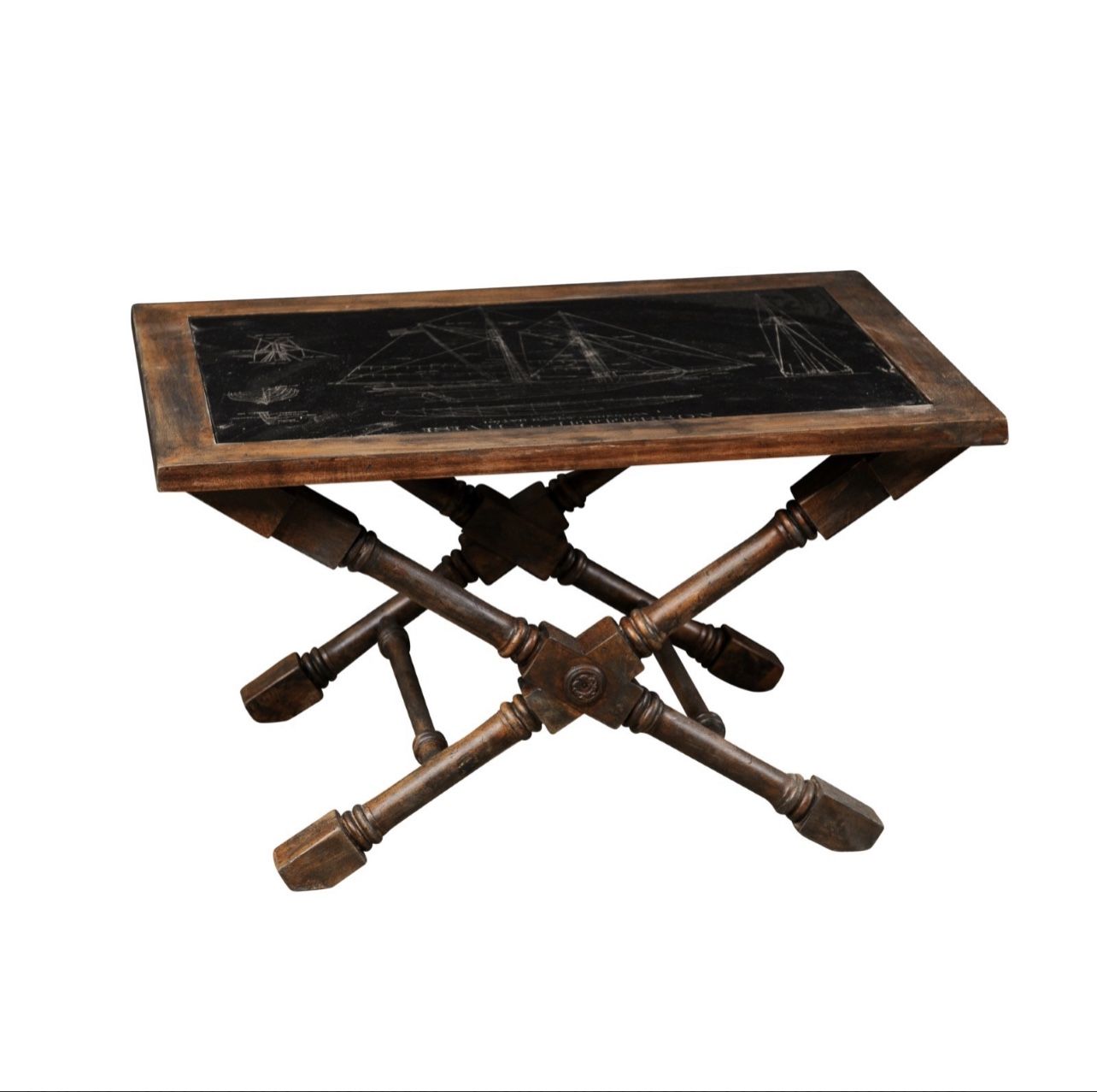 Mastercraft Slate Top Solid Wood Vintage Coffee / Side Table w/Schooner Etching Ship Boat