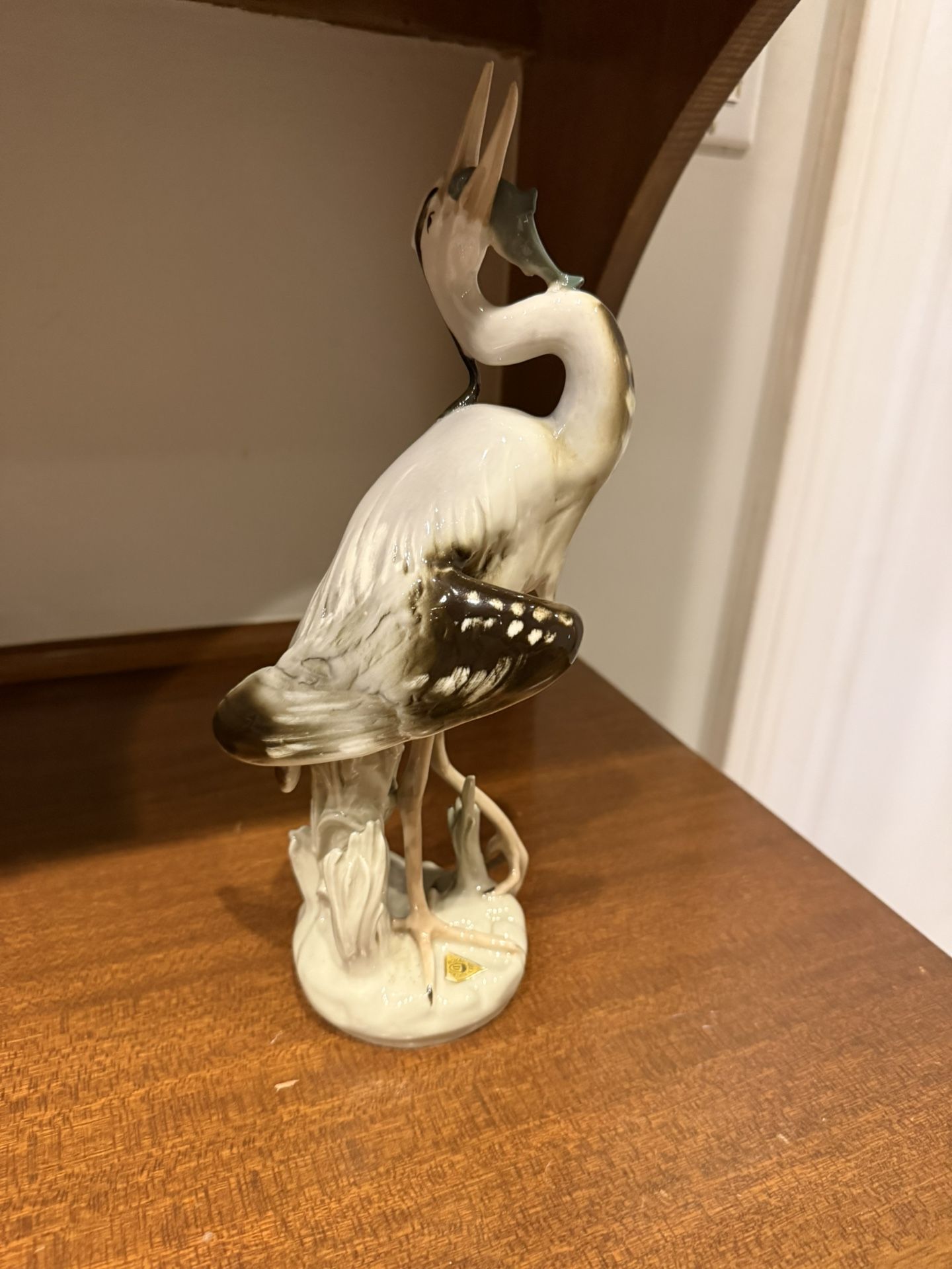 Vintage Royal Dux Bohemia 307-88 Heron with Fish Porcelain Figurine ~10.5″