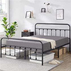 Classic Metal Platform Bed Frame Mattress Foundation with Victorian Style Iron-Art Headboard/Footboard/Under Bed Storage/No Box Spring Needed/Queen Si