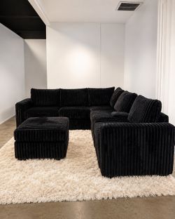 🛋️ New Black Corduroy Modular Sectional Sofa with Ottoman