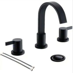 Phiestina Matte Black Waterfall Widespread 8 in. 3 Holes 2 Handles Bathroom Faucet with Copper Drain and Valve