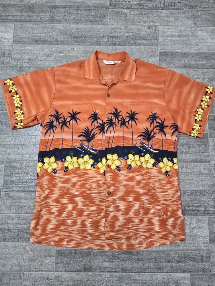 XXL Men's Hawaiian Palm Trees Boats Beach Flowers Shirt Vintage