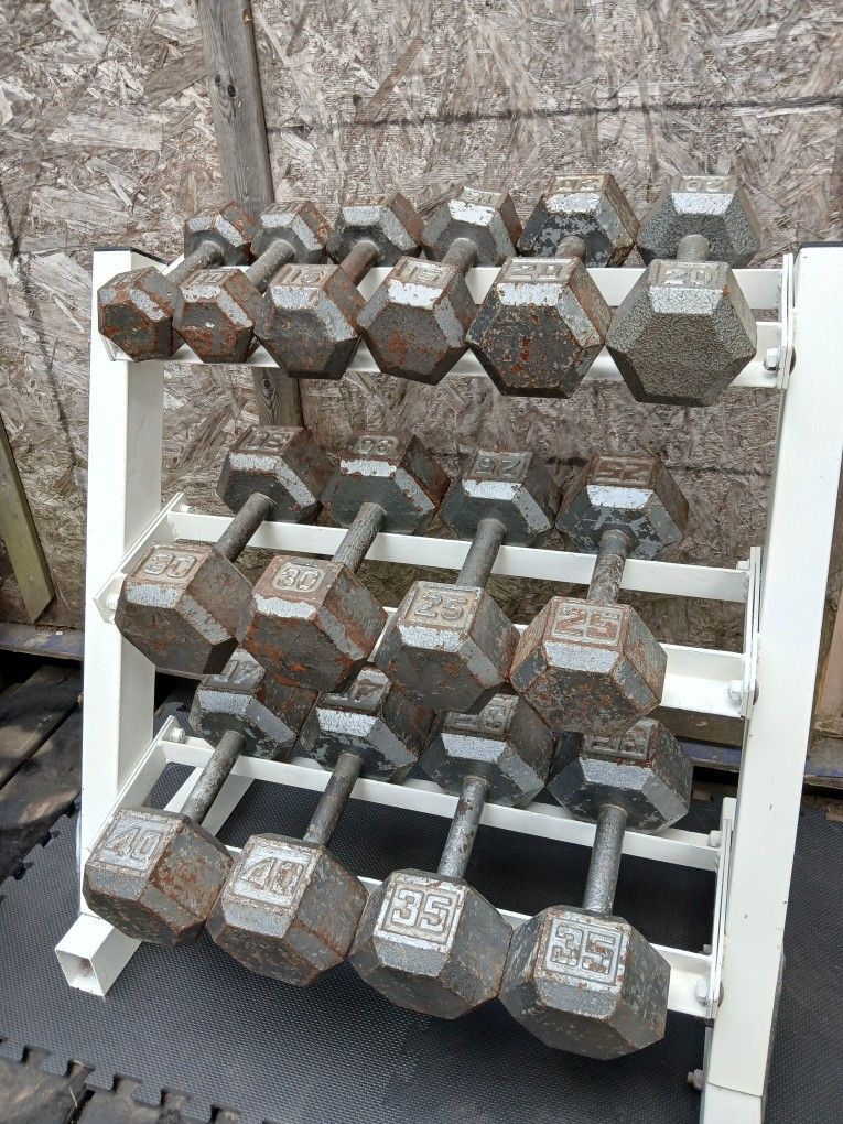Cast Iron Dumbbells Set 10-40 With Free Storage Rack.
