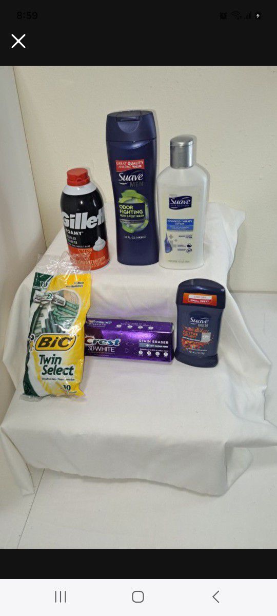 Razors, Shave Foam, Bodywash, Deodorant,  Lotion & Toothpaste 