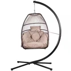Wicker Egg-Shaped Patio Swing Chair with Beige Cushion and Heavy-Duty Frame