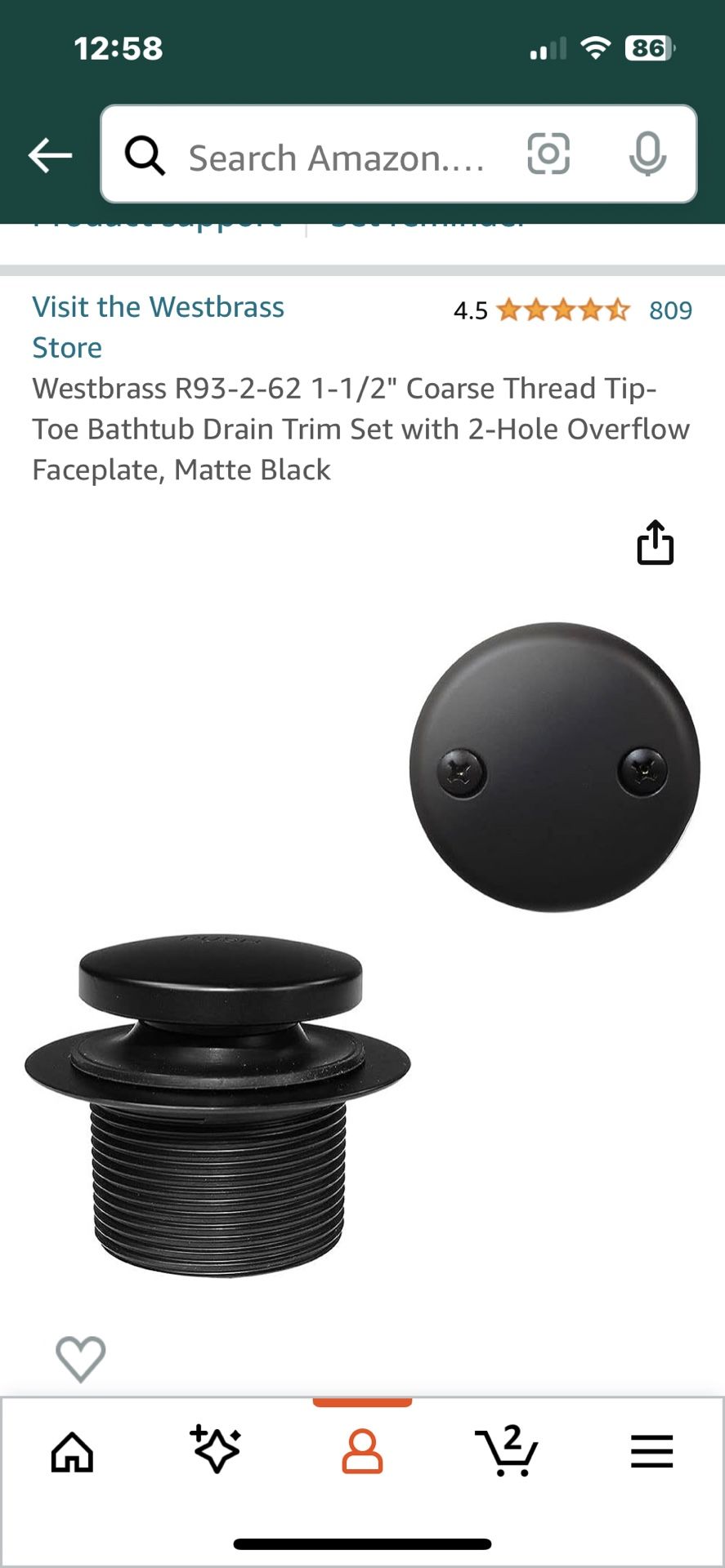 Westbrass R93-2-62 1-1/2" Coarse Thread Tip-Toe Bathtub Drain Trim Set with 2-Hole Overflow Faceplate, Matte Black