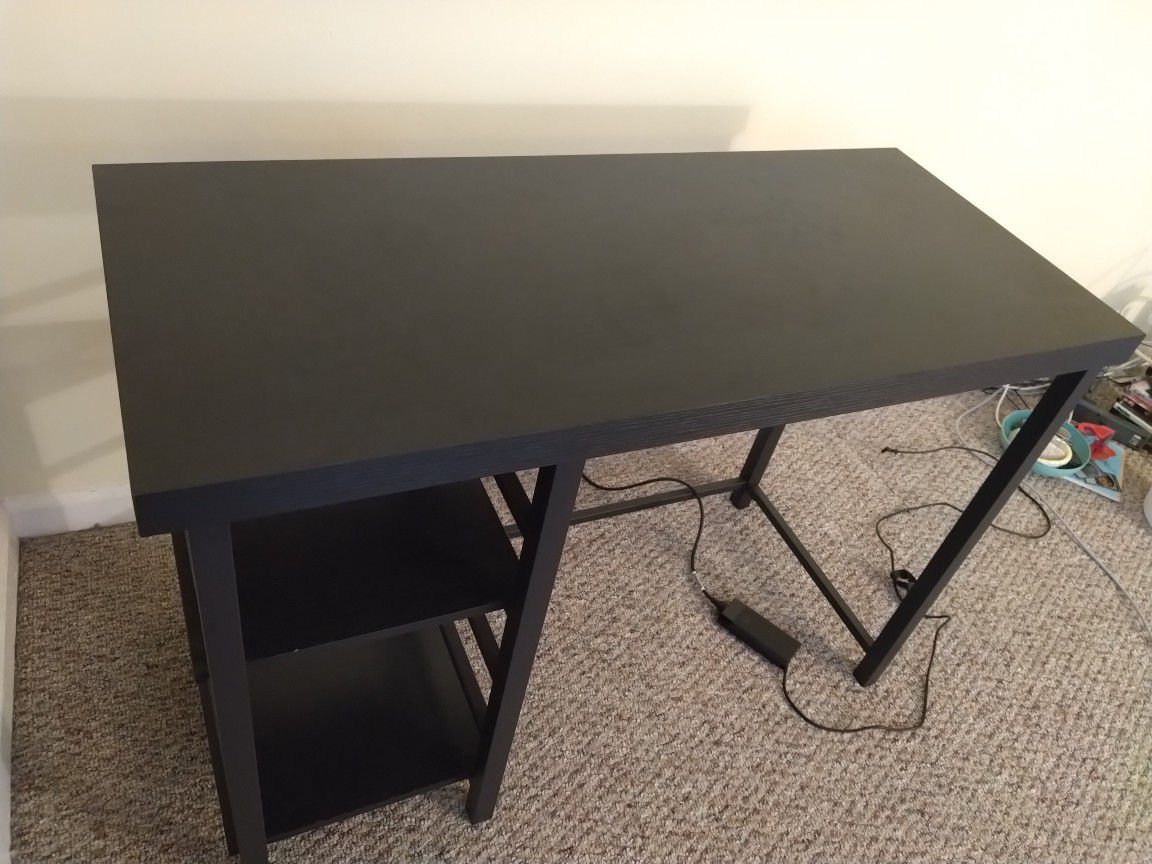 Wooden computer desk with shelves.19in deep, 45in wide, 30in tall. $25. Pickup only.