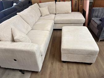 3-pc sectional sofa with storage ottoman Ivory Corduroy new in box