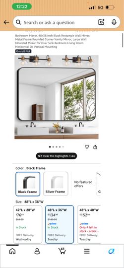 Bathroom Mirror, 48x36 inch Black Rectangle Wall Mirror, Metal Frame Rounded Corner Vanity Mirror, Large Wall Mounted Mirror for Over Sink Bedroom Liv