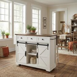Homy Casa Kitchen Island Cart with Drop Leaf and Storage, Sliding Barn Doors and Rolling Casters