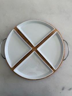 Wooden Serving Tray with 4 Ceramic Bowls