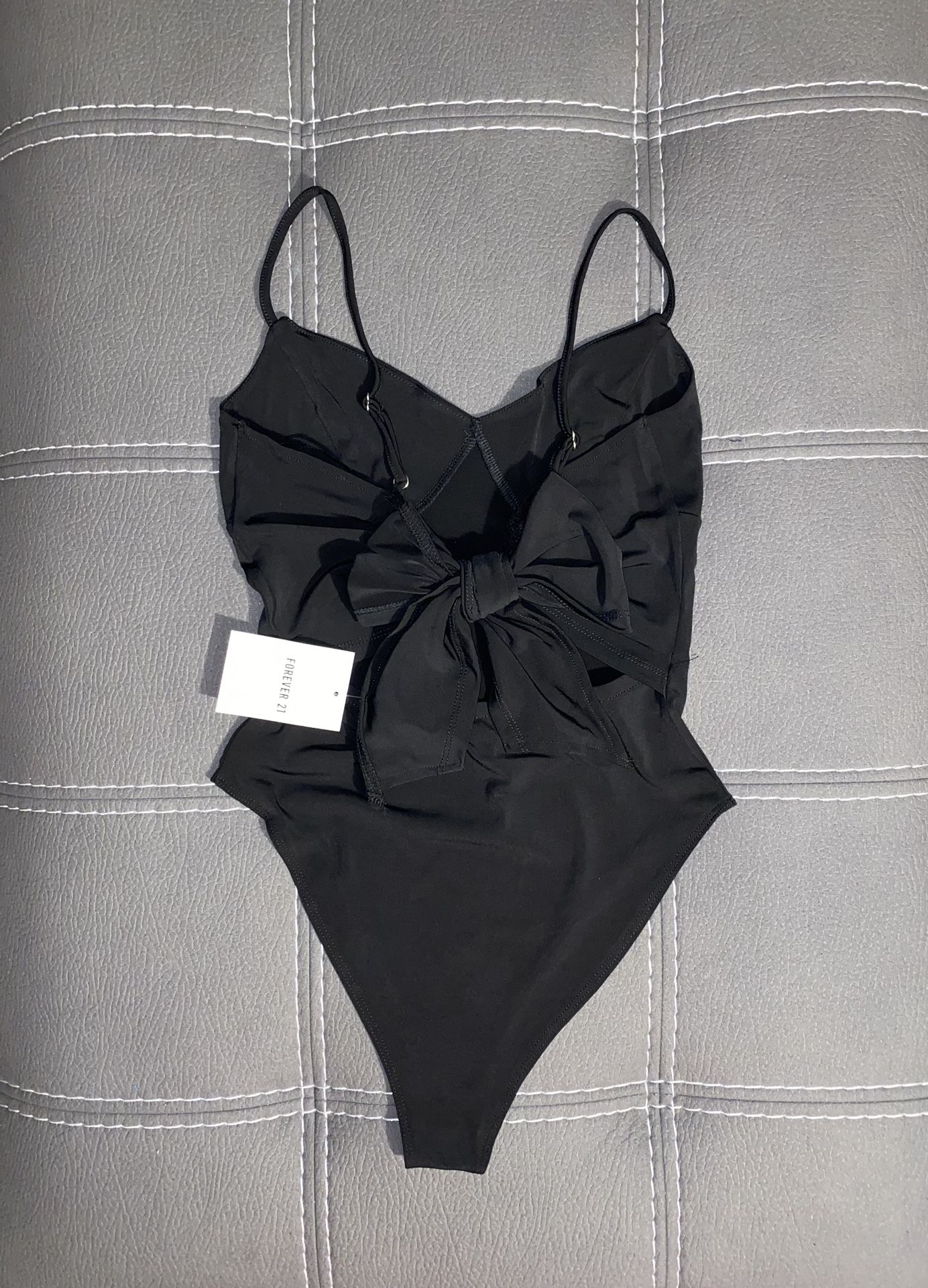 New FOREVER 21 Bodysuit Small Cheeky BIG TIE BACK BOW Stretchy Slinky Black.  
