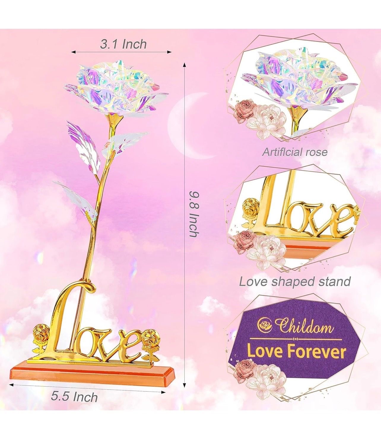 BRAND NEW IN BOX Rainbow Rose with Love Stand for Wife,Sweet Artificial Flower Christmas, Birthday, Anniversary, Valentines, Mothers Day • Artificial