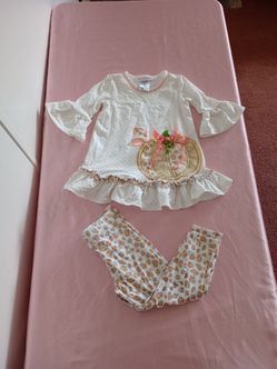 Bonnie Jean Thanksgiving Ruffle Sleeve Ivory Pumpkin Applique Top Legging Set 4T
