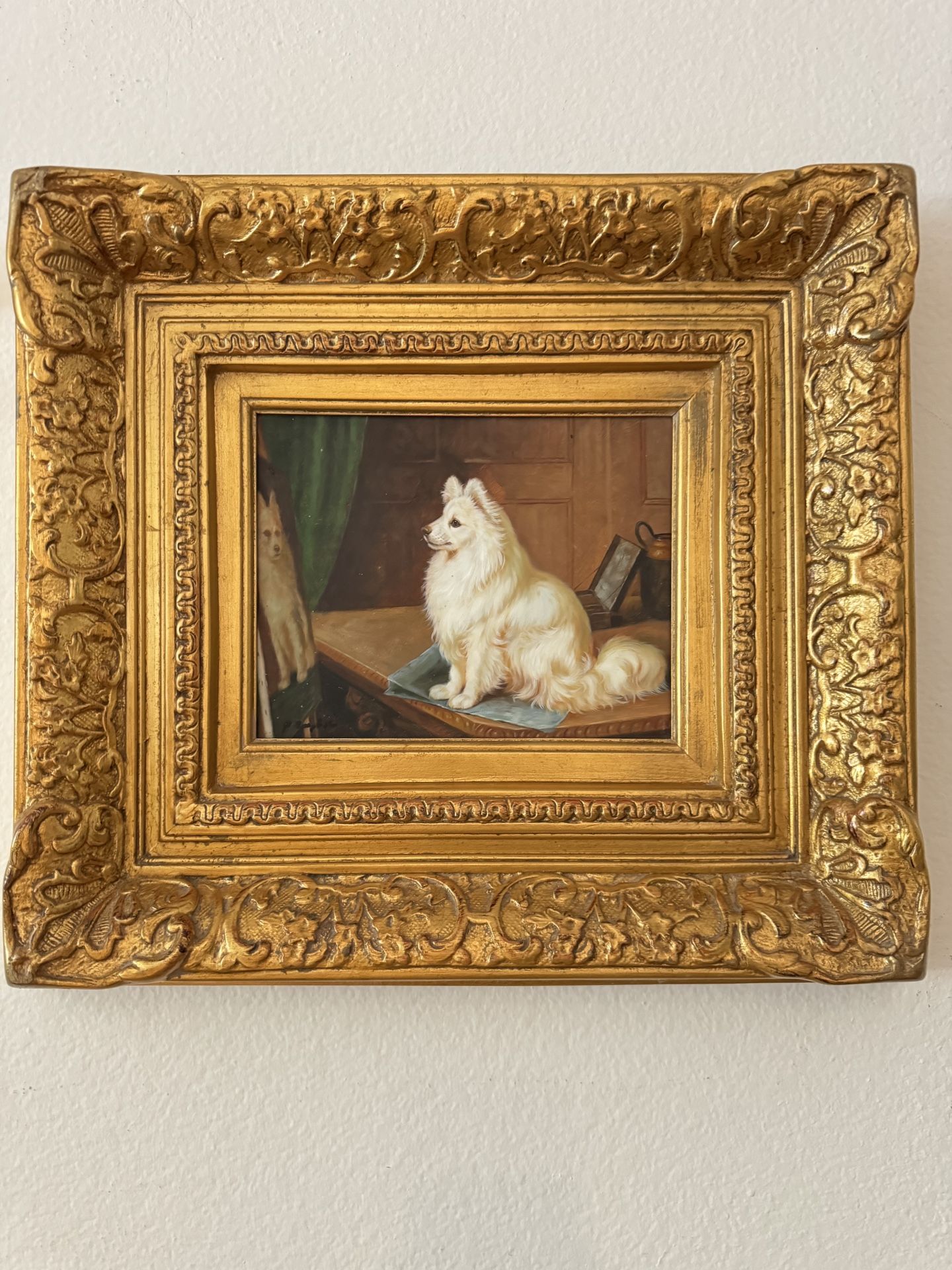 Antique Oil Painting of White Spitz Dog – Signed P. Scholtz – Ornate Gold Frame – 13”x15”