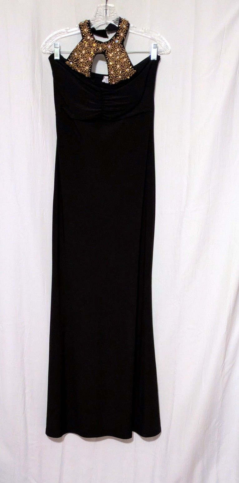 Gown Elegant Black Evening Gown Party Girl Size Large Gold Sequined Neck Design