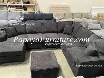 NEW Black Fabric Modern U Shape Sectional Sofa Ashley Style Chaise Ottoman Set BIG SALE Discount Furniture Warehouse Couch Seccional Large 