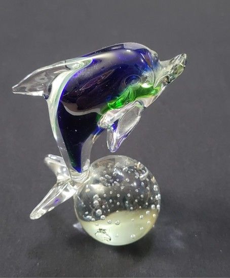 Vtg Vecchia Murano Dolphin on Ball Paper Weight Handblown 6” Tall Blue&Green