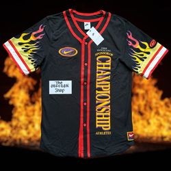 NIKE AMERICANA BUTTON UP SHIRT FLAMES CHAMPIONSHIP BASEBALL JERSEY MENS SIZE LARGE BLACK RED YELLOW NEW