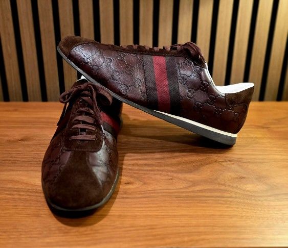 Gucci Brown Guccissima GG Leather Suede Web Detail Sneakers - Sz US 13 - RARE!!