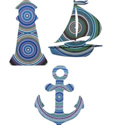 Set Of 3 Handmade Dot Mandala Nautical Art – Anchor, Boat & Beacon Design
