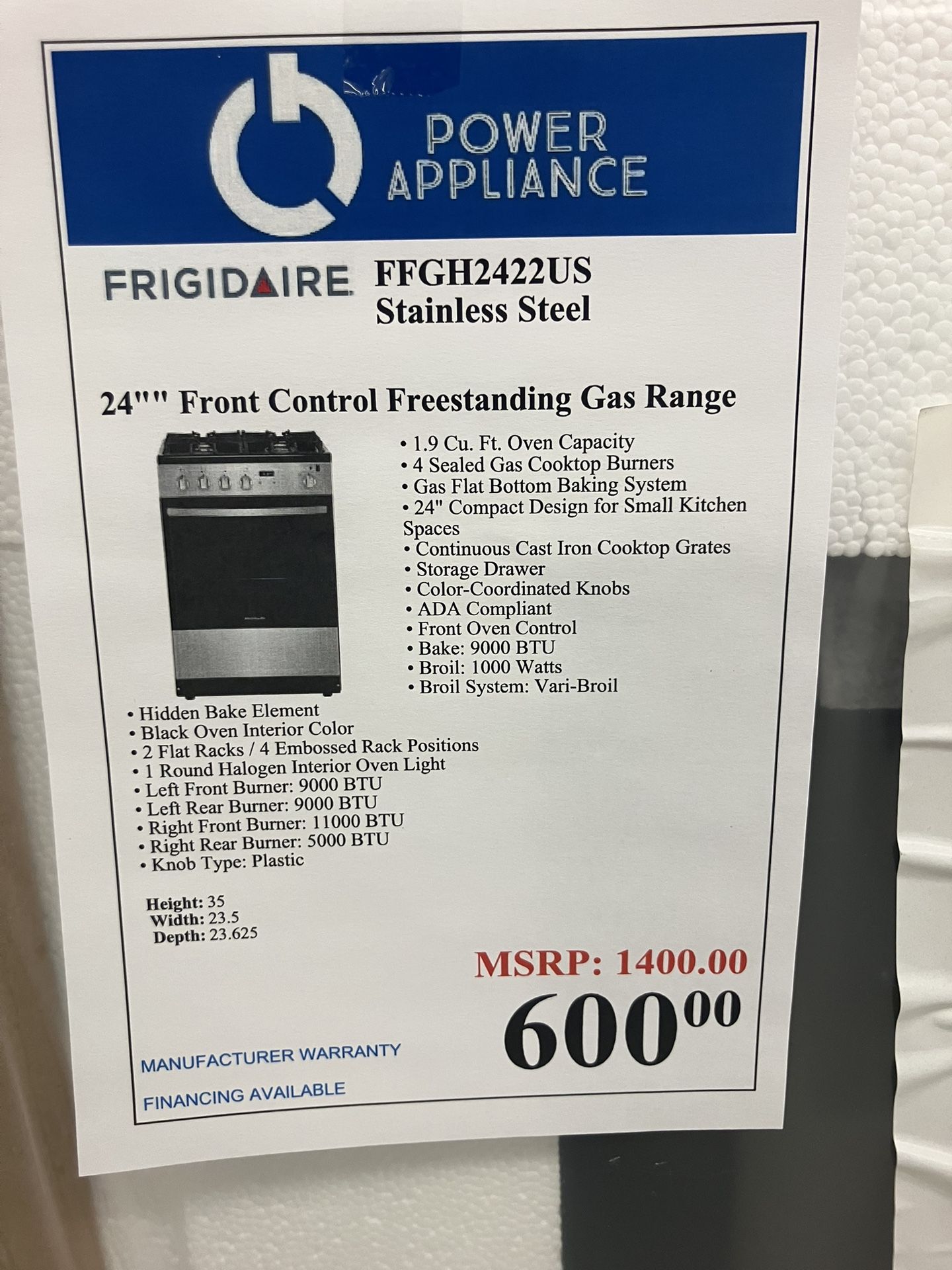 FRIGIDAIRE FFGH2422US Stainless Steel 24'" Front Control Freestanding Gas Range