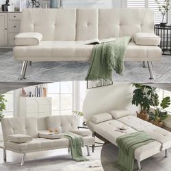 Futon Sofa Couch Bed,Modern Linen Love Seat,Convertible Folding Futon Couch Recliner Lounge for Living Room with 2 Cup Holders with Armrest Suitable f