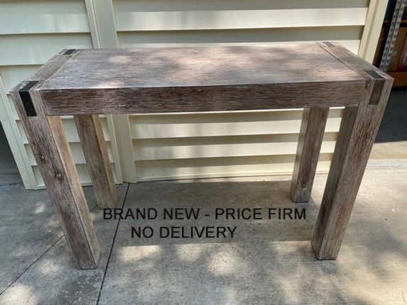 New, Firm, Woodstock Brushed Driftwood Acacia Wood with Metal Inset Media Console Table