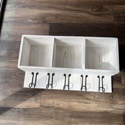 White 3-Compartment Wall Shelf with Hooks