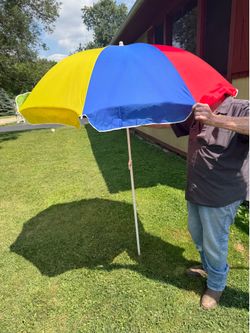 Vtg Multicolor Rainbow Beach Umbrella Lightweight Steel Frame Compact 65” 75” Tall W/Case