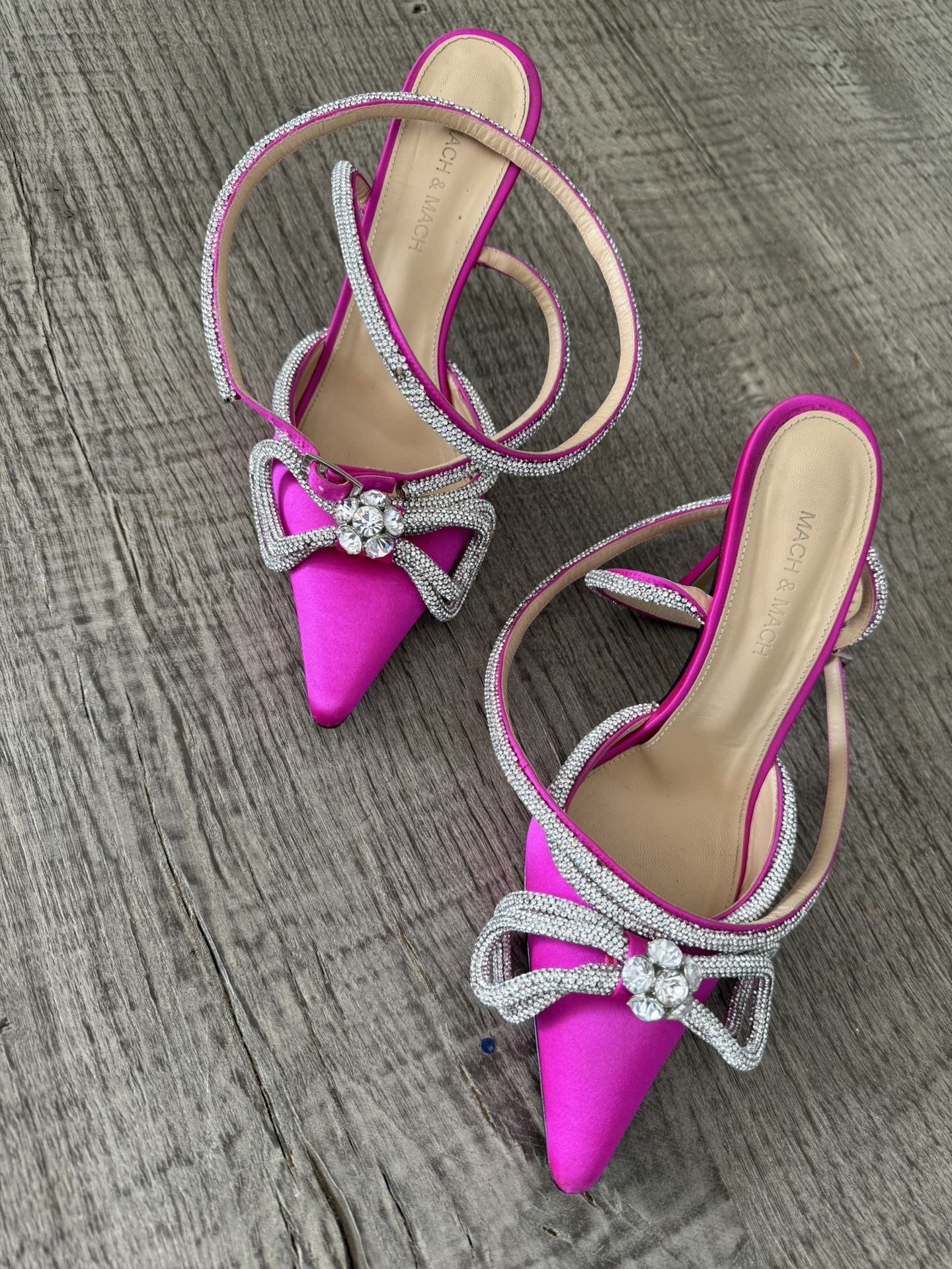 Mach & Mach Double Bow Crystal-Embellished Pink Satin Heels / Pumps β Size 38 1/2