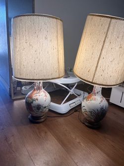 Vintage Matching Peacock Ceramic Table Lamps – Pair – Excellent Condition