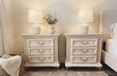 Oversized Pair Beigey- Tan Faux Linen Finish Wood Nightstands
