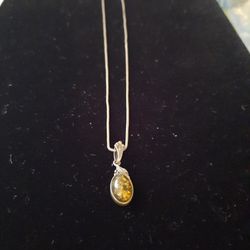 Sterling Silver Necklace with Sterling Silver Charm with Amber Stone 