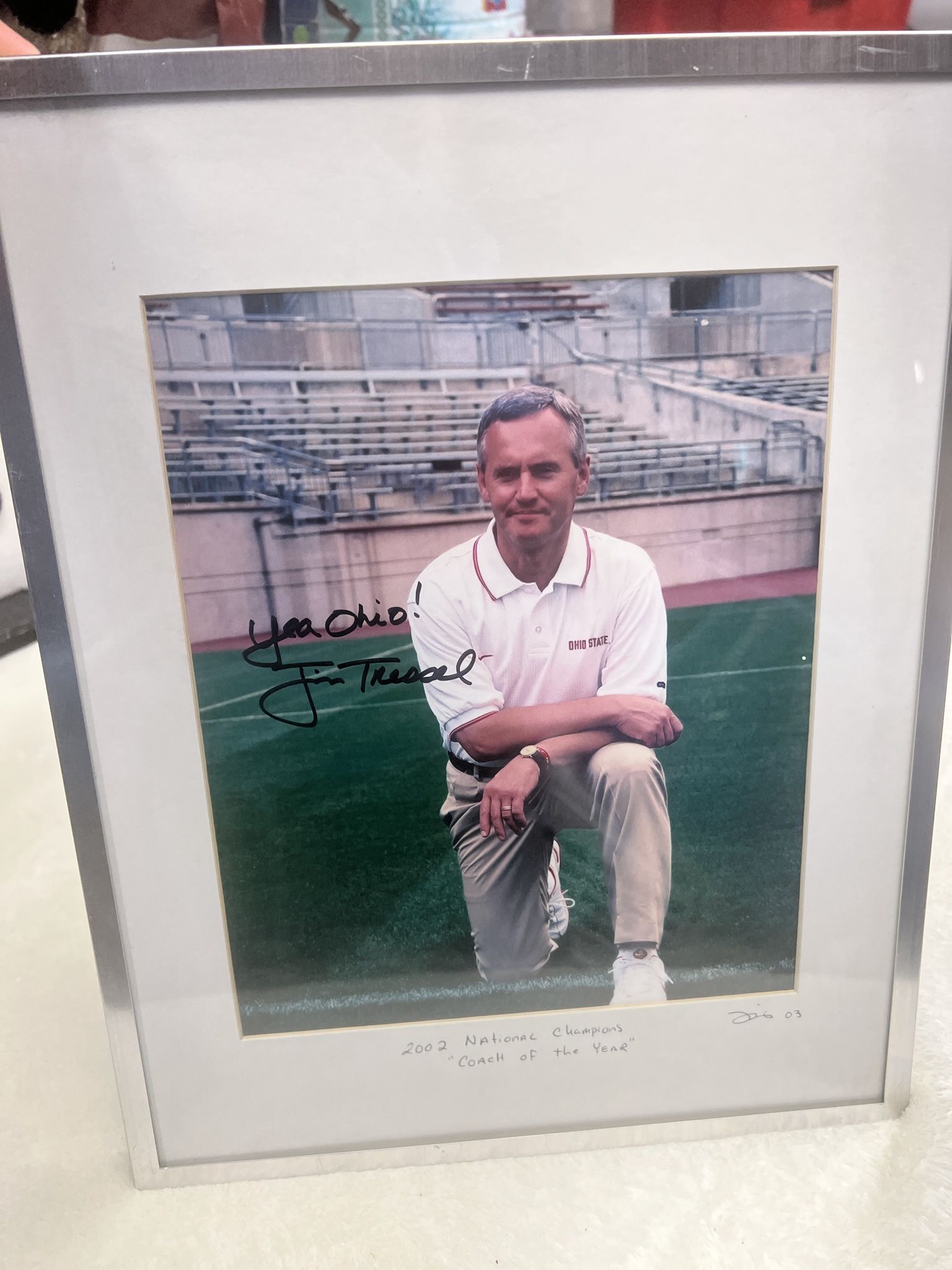 Jim Tressel Autographed “Yea Ohio” 8x10 Framed Picture. Frame Is 11x14”