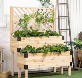 Natural 2-Tier Wooden Raised Garden Bed with Trellis, Elevated Planter Box with Legs and Metal Corners. Outsunny Model # 845-902V00ND L-4741