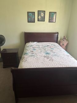 Full size bed frame, mattress and nightstand