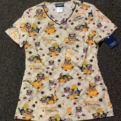 New Cherokee women’s size XS pug dog fall pumpkin Thanksgiving cotton and spandex scrub top
