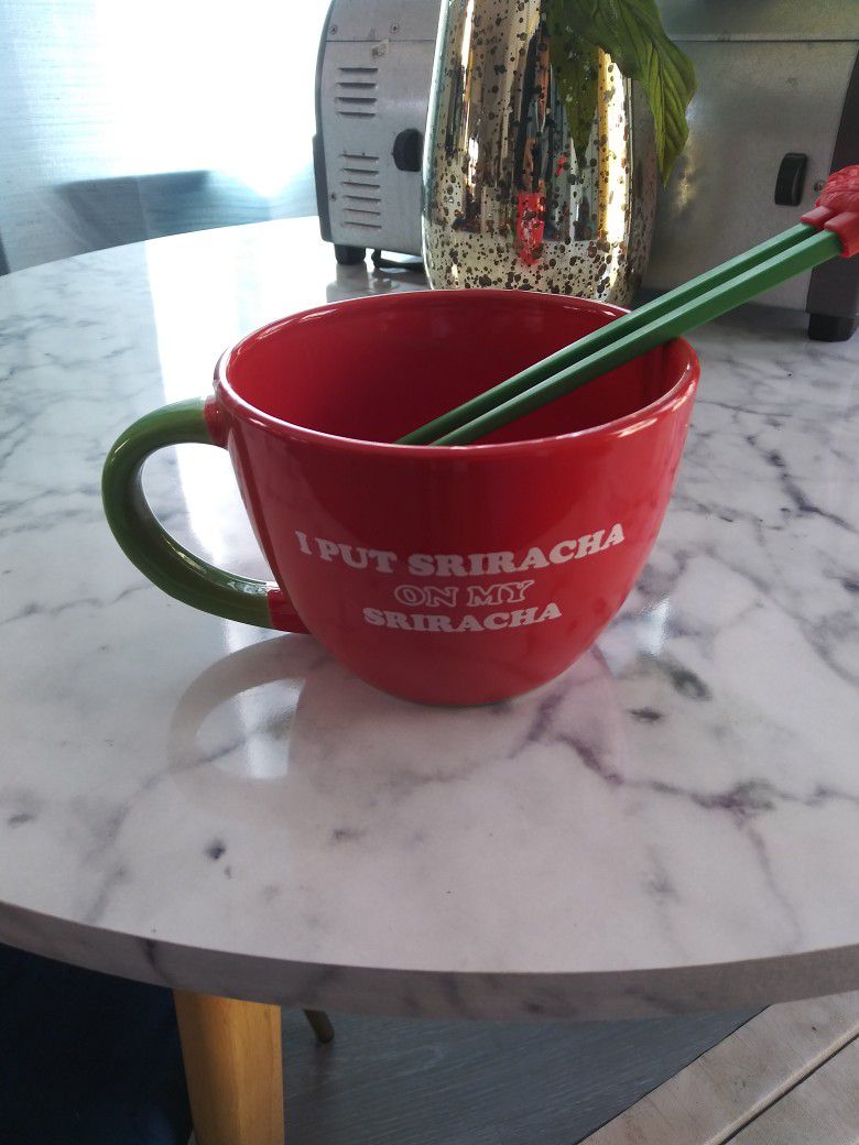 Big Siracha Coffee Mug With Chopsticks Brand New