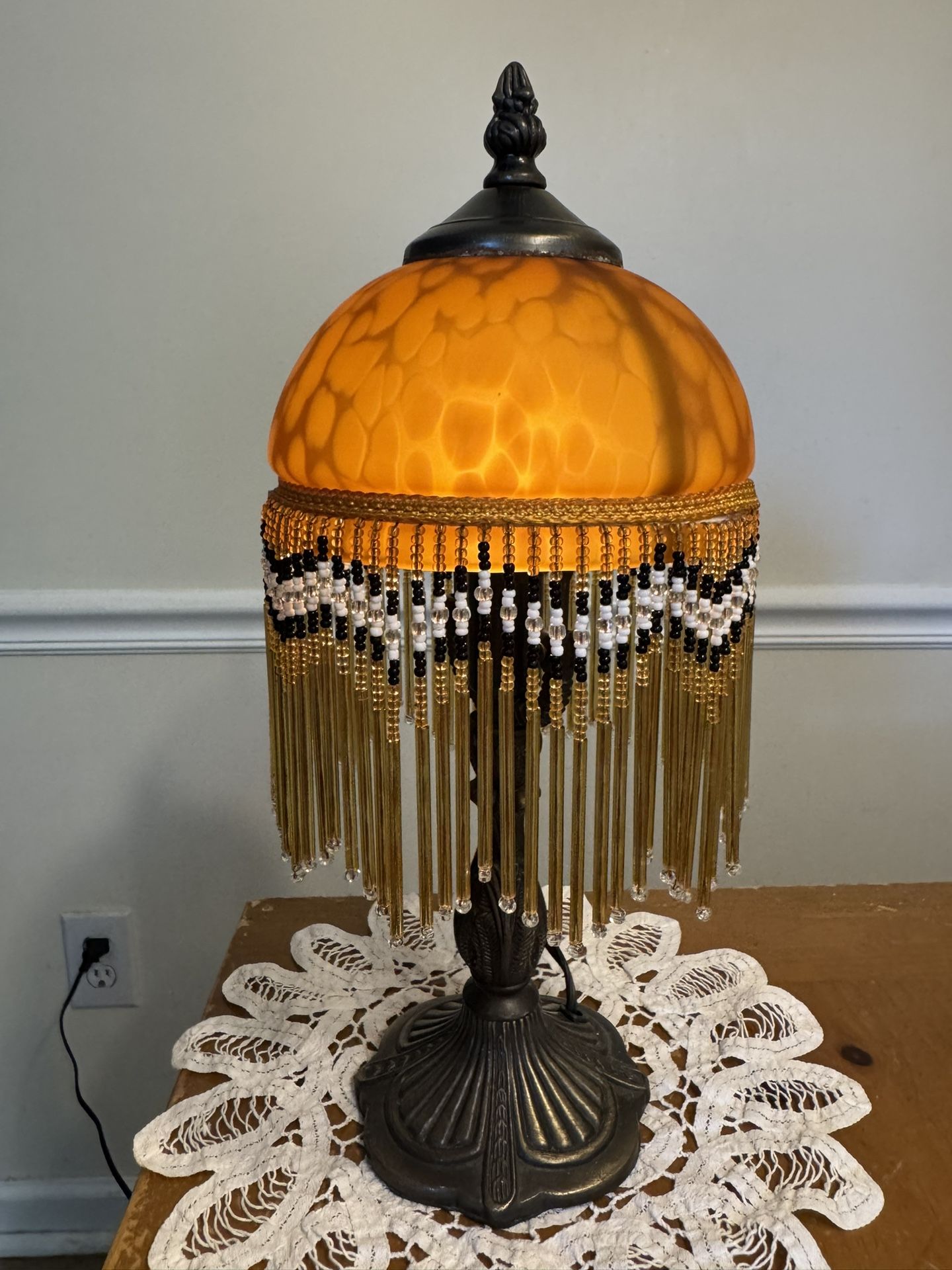 Gorgeous Vintage Amber Glass Bronze Base Beaded Boudoir Lamp