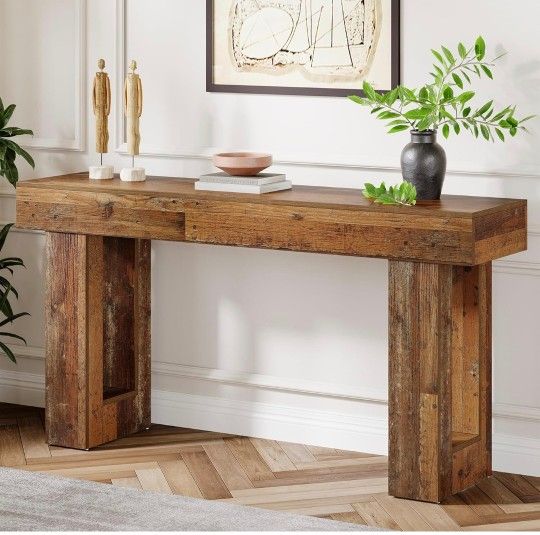 63-Inch Long Console Table, Farmhouse Wooden Sofa Table Behind The Couch, Narrow Entryway Table for Entrance, Hallway, Living Room (Mix Brown)