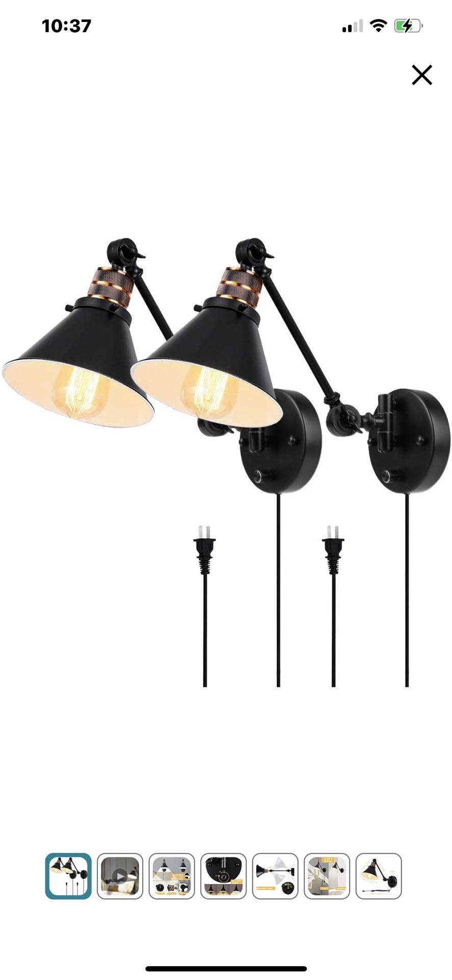 Plug in Wall Sconces Set of 2, PARTPHONER Swing Arm Wall Lamp with Dimmable On Off Switch, Metal Black Vintage Industrial Wall Mounted Lighting Readin