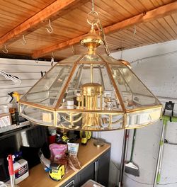 Vintage Beveled Glass and Brass Large Hanging Chandelier