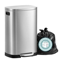 13-Gallon Trash Can with Lid – Fingerprint-Resistant Stainless Steel Kitchen Trash Bin with Soft-Close Lid and Removable Inner Bucket – Silver