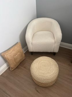 Wayfair: cream/ivory barrel accent chair: bouclé and the ottoman natural woven pouf