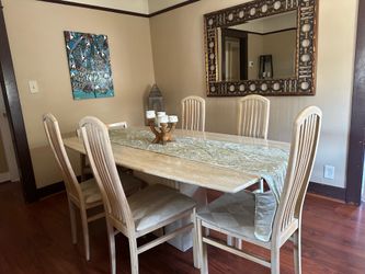 Vintage Modern Italian Travertine Dining Table – Boat Shape Pedestal Base – Seats 6